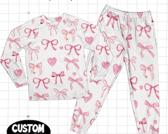 Coquette Pink Bow Pajama Set, Girly Sleepwear Aesthetic, Cute Ribbon Lounge Set, Soft Feminine Matching Pajamas Set, Pink Bowknot Pjs