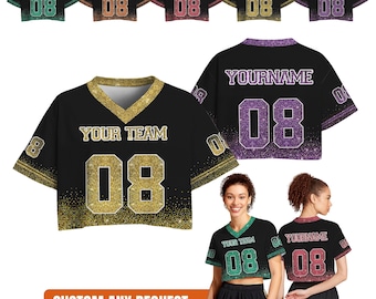 Custom Gold Glitter Pattern Crop Top Jersey For Women, Personalized Name Number Shirt, Cheer Football Top, Sparkly Team Outfit, Concert Tee