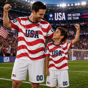 Puede incluir: Dos camisetas de manga corta a juego y pantalones cortos blancos con un patr&oacute;n de rayas onduladas rojas y blancas. Las camisetas muestran el texto USA en azul, una peque&ntilde;a bandera estadounidense y el n&uacute;mero 00 en mangas y pantalones.
