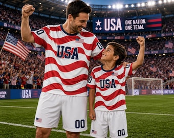 Personalized USA Soccer Jersey Set, America Flag Matching Family Football Shirts, Custom Name Number USA Fan Outfit, USA Game Day Apparel