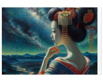 Maiko kijkt naar de sterrenhemel Legpuzzel (blik) Landschapsschilderij, perfect cadeau voor puzzelliefhebbers, een aangename nacht