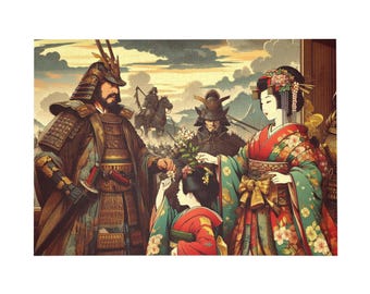 Samurai en Maiko Puzzels - 96, 252, 500, 1000 Stukjes, Japanse Kunstdecoratie, Cadeaus voor Puzzelliefhebbers, Spelletjesavond met het Gezin, Unieke Woondecoratie