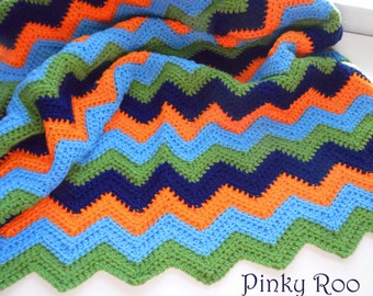 Crib Size Crochet Chevron Baby Blanket in Navy Blue, Med Blue, Orange and Green