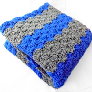 Crib Size Crochet Baby Blanket in wide stripes of royal blue and grey / boy nursery / baby blanket / baby gift