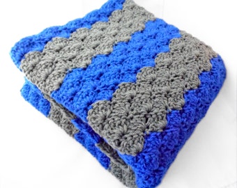 Crib Size Crochet Baby Blanket in wide stripes of royal blue and grey / boy nursery / baby blanket / baby gift