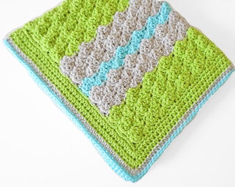 Crochet baby blanket in Apple Green, Linen and Aqua colors