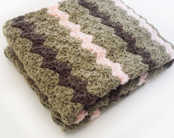 Crib Size Crochet Baby Blanket in Taupe, Peach and Brown