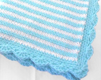 Knitted Baby Blanket in thin stripes of aqua blue and white with scalloped border / unisex baby blanket / Aqua color nursery / Blue blanket