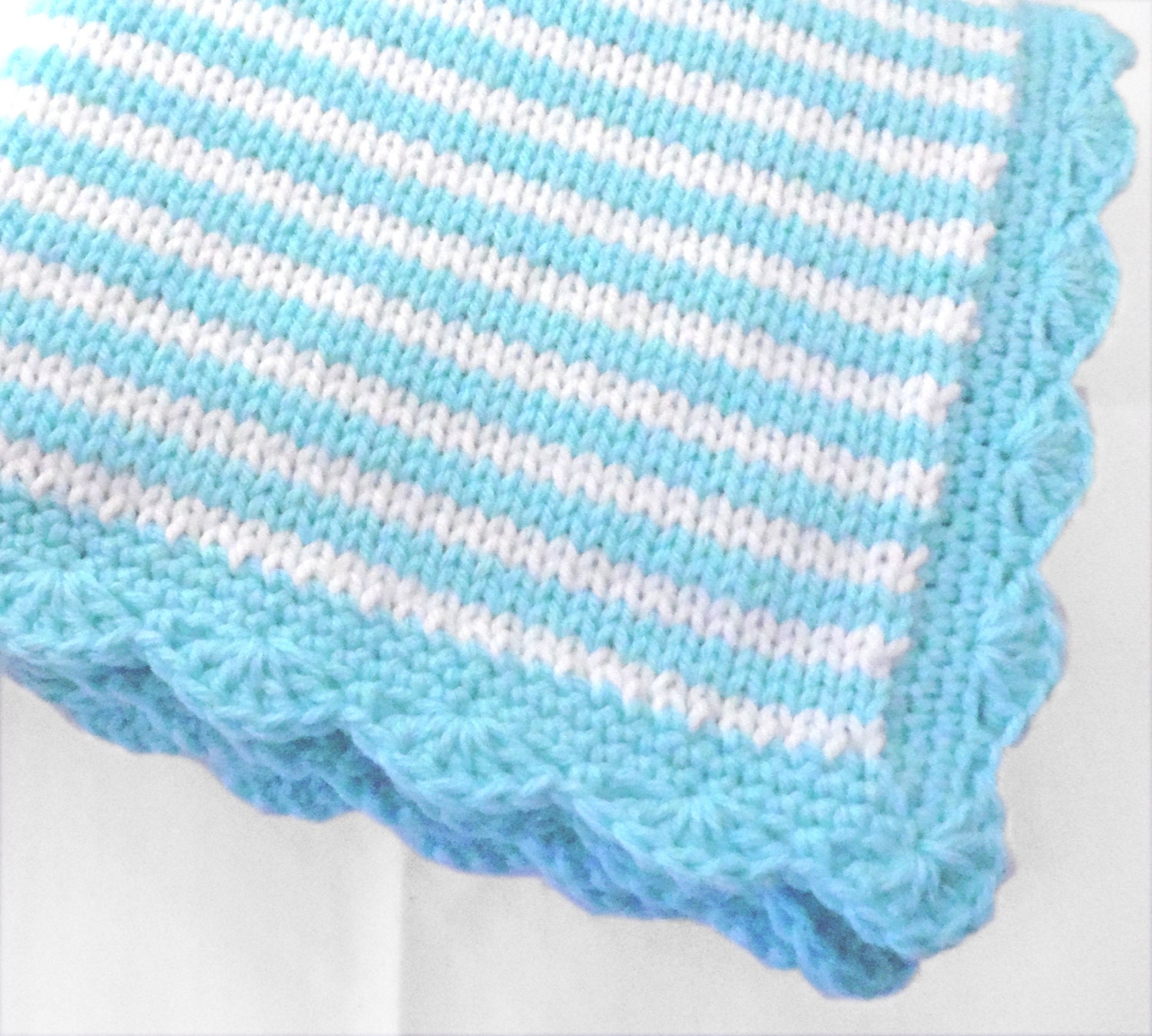 Knitted Baby Blanket in thin stripes of aqua blue and white Etsy