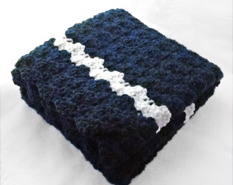Crocheted Baby Blanket in solid navy blue with a white line in top and bottom / baby boy blanket / blue nursery