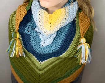 Crochet Shawl / At the lake shawl / Green, blues, browns and yellow Shawl/ Earthy colors shawl