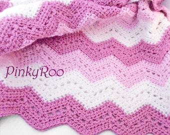 Crochet chevron Baby Blanket in two shades of rose color and white / stroller size blanket for girls