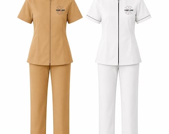 Personalized Logo Spa Uniform Set, Women’s Zip Front Salon Uniform, Beauty Therapist Tunic and Pants, Wellness Clinic Workwear
