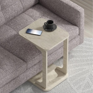 Table d'appoint en travertin C avec roues - Table d'appoint de canapé, table de bout roulante, design minimaliste moderne
