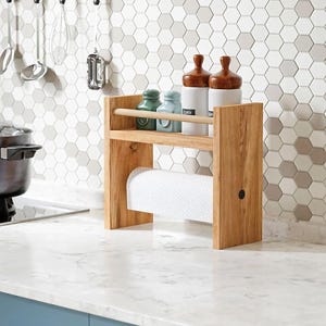 Porta-tempero de madeira com suporte para toalhas de papel – Organizador de cozinha, prateleira de bancada, armazenamento montável na parede, design de madeira rústica