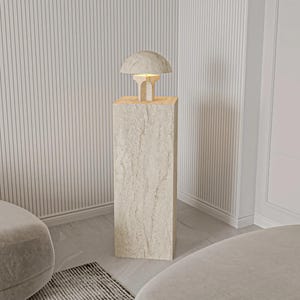Minimalist Travertine Look Side Table plinth table – Multi-Purpose Bedside Table, Small Bookshelf, Japandi Style End Table