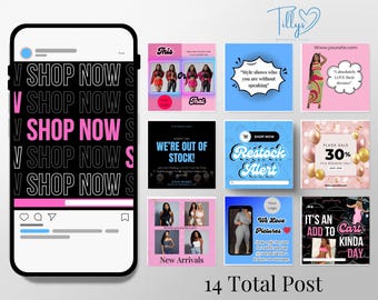May include: A collage of 14 Instagram posts promoting a clothing brand. The posts feature various images of women wearing different outfits, along with text promoting sales, new arrivals, and the brand's website. The text includes phrases like "Shop Now", "Restock Alert", "We're Out of Stock!" and "It's an Add to Cart Kinda Day".