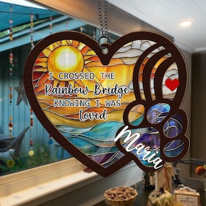 Personalized Pet Memorial Suncatcher – Custom Stained Glass Paw Ornament with Name – Pet Loss Gift, Rainbow Bridge Tribute, In Loving Memory