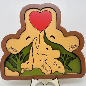 Personalized Wooden Elephant Family 4 layers, Family Name Wood Gift, Personalized Family Keepsake Gift, Custom Adorable Elephant Figurines