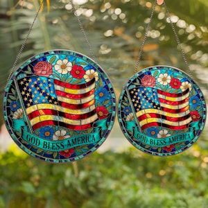 God Bless America Suncatcher: Patriotic Floral Flag Glass Window Decor