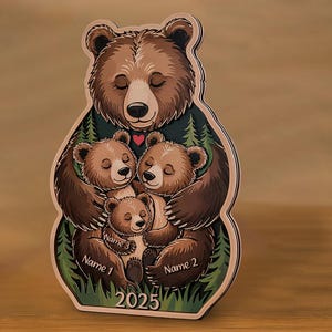 パーソナライズされた2層木製クマファミリーパズル、ベビーパズル、家族の名前、ユニークなホームデコレーション、両親へのギフト、お母さんへのギフト