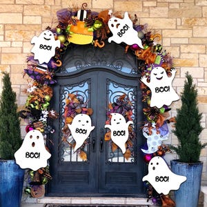 Gepersonaliseerde Halloween-spook, spookdeurhanger, boe-geroep! Set van 7 houten spook, hangende houten halloweenversieringen, deurhanger Halloween