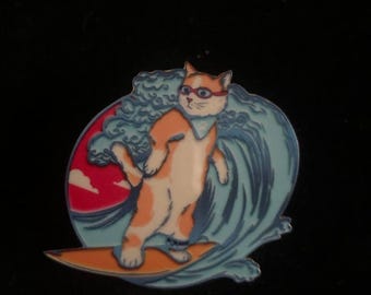 Dog Surfing on the Wave Pin, Surfing Dog pin, Surf board pin badge, Cool, Travelling, Beach bum, Dog lover, Blue and yellow.