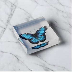 Puede incluir: Un pisapapeles cuadrado y transparente con una vibrante mariposa azul con detalles en blanco y negro. El diseño de la mariposa está centrado dentro del pisapapeles, creando una pieza decorativa y llamativa. El pisapapeles se muestra sobre una superficie de mármol blanco.