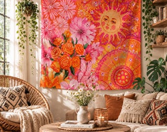 Boho Sun Floral Wall Tapestry Bedroom Decor Hanging Wedding Party Backdrop Family Gift