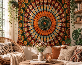 Orange Navy Mandala Wall Tapestry Bedroom Decor Hanging Wedding Party Backdrop Family Gift
