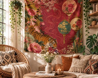 Chinoiserie tiger rug Wall Tapestry Bedroom Decor Hanging Wedding Party Backdrop Family Gift