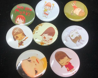 32mm-75mm 8 Yoshitomo Nara Random Button Pin or Magnet Set - Cute Character Art Pin, Badges