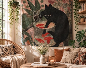 Black Cat Goldfish Wall Tapestry Bedroom Decor Hanging Wedding Party Backdrop Family Gift