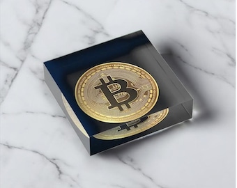 Bitcoin Gold Coin Graphic Acrylic Block Room Pad Desk Display Printed Acrylic Glass Block
