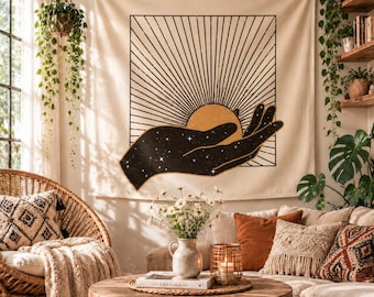 Tapeçaria de parede Boho Sun Hand para decoração de quarto, ideal para pendurar em festas de casamento ou como pano de fundo para a família.