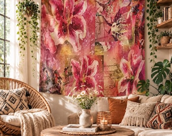Watercolor Pink Lily Butterfly Wall Tapestry Bedroom Decor Hanging Wedding Party Backdrop Family Gift