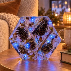 May include: A hexagonal clear resin block containing embedded pinecones, dried twigs, and small berries. The piece is illuminated from within by small blue LED lights, creating a glowing effect throughout the transparent material and natural elements.
