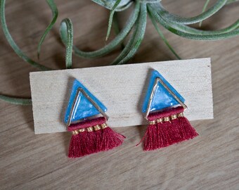 Cute Resin Crystal Blue and Red tassel boho ooak Fashion Handmade Jewelry Earring