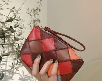 Cobbler Legend Vintage Genuine Leather Coin Purse - Handmade Patchwork Cowhide Zippered Pouch with Wristlet Clutch, Key Case, Card Holder