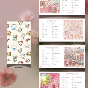 May include: An envelope with a repeating pattern of Hello Kitty characters, cakes, and other food items. The image also includes illustrations of Hello Kitty-themed cafes and menus, with text such as "pizza parlor" and "strawberry cafe".
