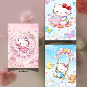 May include: Three Hello Kitty themed illustrations. One shows Hello Kitty holding a bouquet, another depicts her on a swing, and the last one has her holding a teacup. The illustrations are in pastel colors.