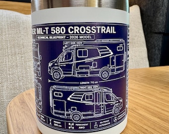 Hymer ML-T 580 Crosstrail Travel Mug, Blueprint Design Steel Thermos Mug with Lid, Motorhome Gift, Mercedes 4X4 Camper Van Mug