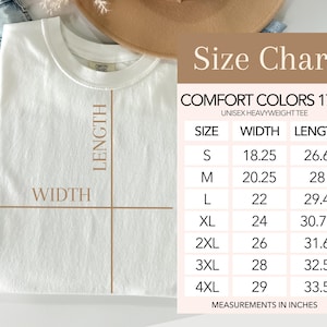 May include: A white Comfort Colors unisex heavyweight tee shirt with a size chart. The chart shows measurements in inches for width and length, ranging from size small to 4XL. The shirt is laid flat, with the length and width dimensions marked.