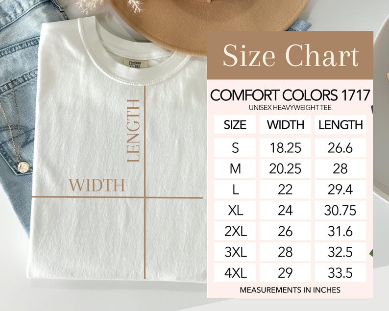 May include: A white Comfort Colors unisex heavyweight tee shirt with a size chart. The chart shows measurements in inches for width and length, ranging from size small to 4XL. The shirt is laid flat, with the length and width dimensions marked.