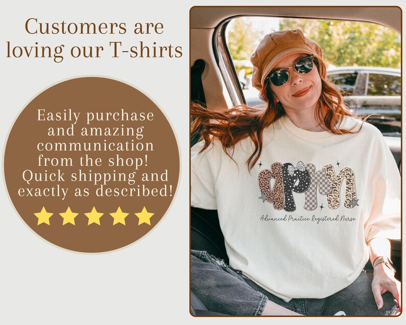 May include: A cream-coloured t-shirt featuring the letters "APRN" in various patterns, including leopard print and checkered designs. The words "Advanced Practice Registered Nurse" are below. The image also includes text that says "Customers are loving our T-shirts".