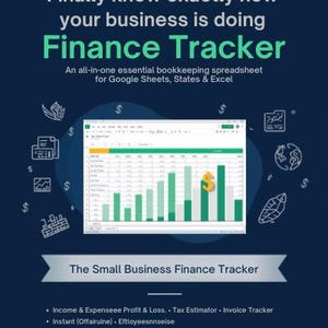 May include: A digital finance tracker spreadsheet for Google Sheets and Excel on a dark blue background. The text reads: Finally know exactly how your business is doing Finance Tracker, The Small Business Finance Tracker, and MavsStudioGoods.