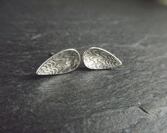 Sterling silver stud earrings with wavy pattern, teardrop shape studs with post, metalwork jewellery for women, gift for wife and girlfriend