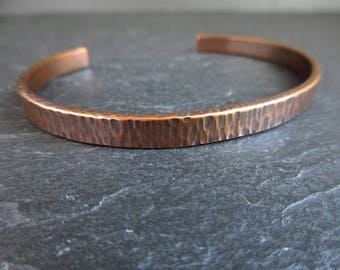 Hammered copper cuff bracelet for men women, open bangle, engraved personalised jewelry, copper wedding anniversary gift for husband wife,