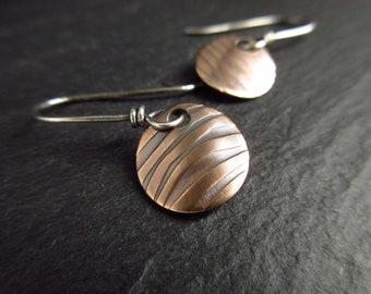 Real bronze earrings, curved disc shape with embossed line pattern, sterling silver earwires, 8th 19th wedding anniversary gift for wife