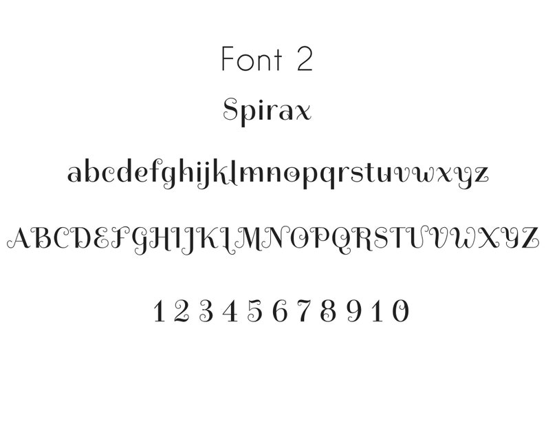 Example of spirax font, black text on white background. Example of a font for engraving a personalised message.